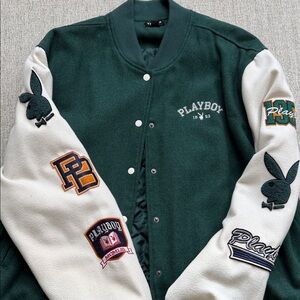 PLAYBOY Varsity Jacket in Forest Green and Cream